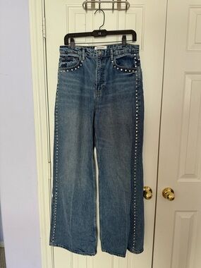 Reformation Blue Wide-Leg Jeans with Silver Stud Trim